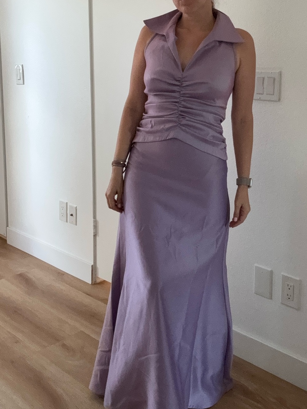 Neiman Marcus Lavender Ruched Collar Satin Maxi Dress